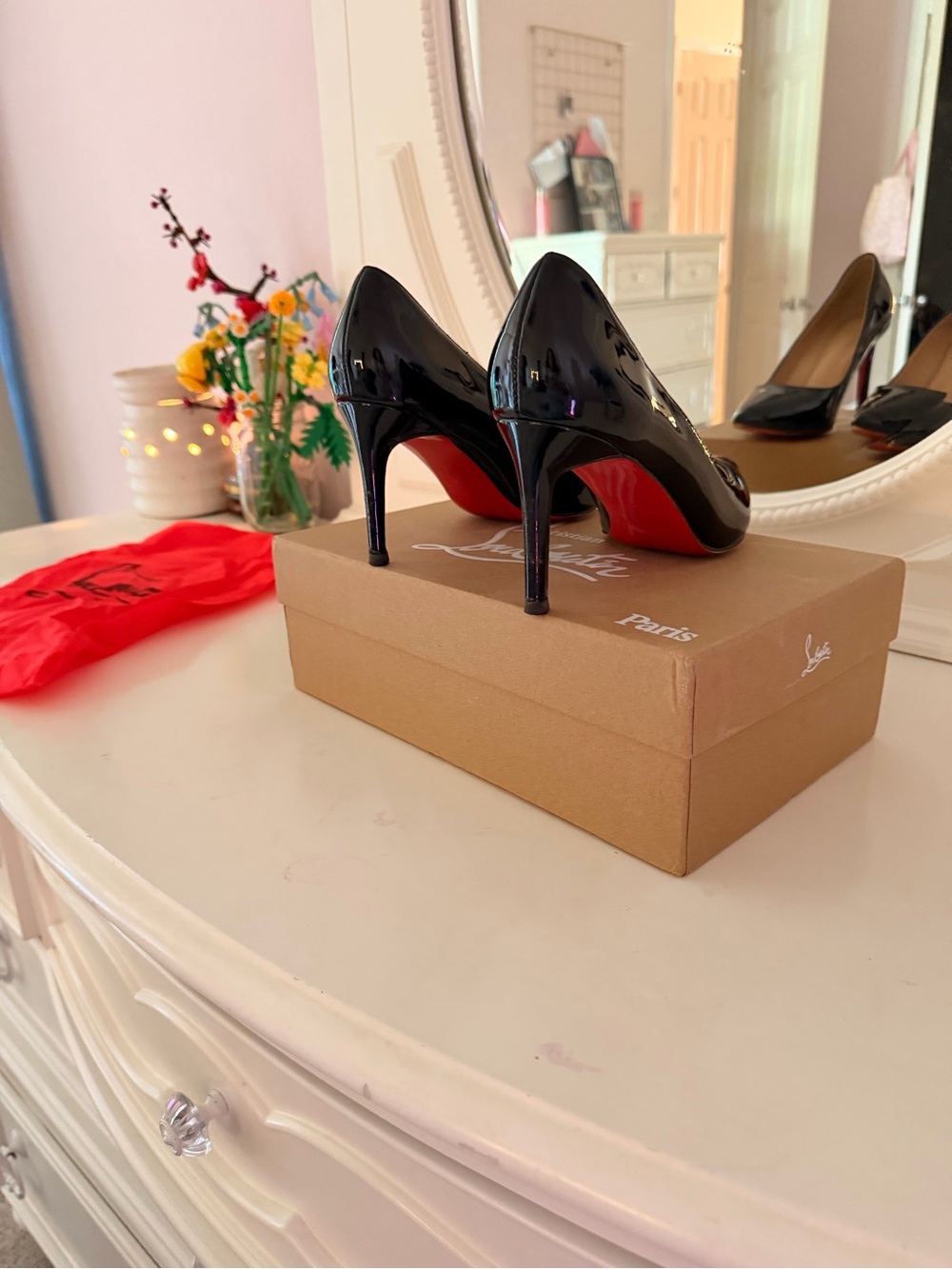 Christian Louboutin Black Patent Pointed Toe Stilettos with Red Soles - Picture 2 of 4